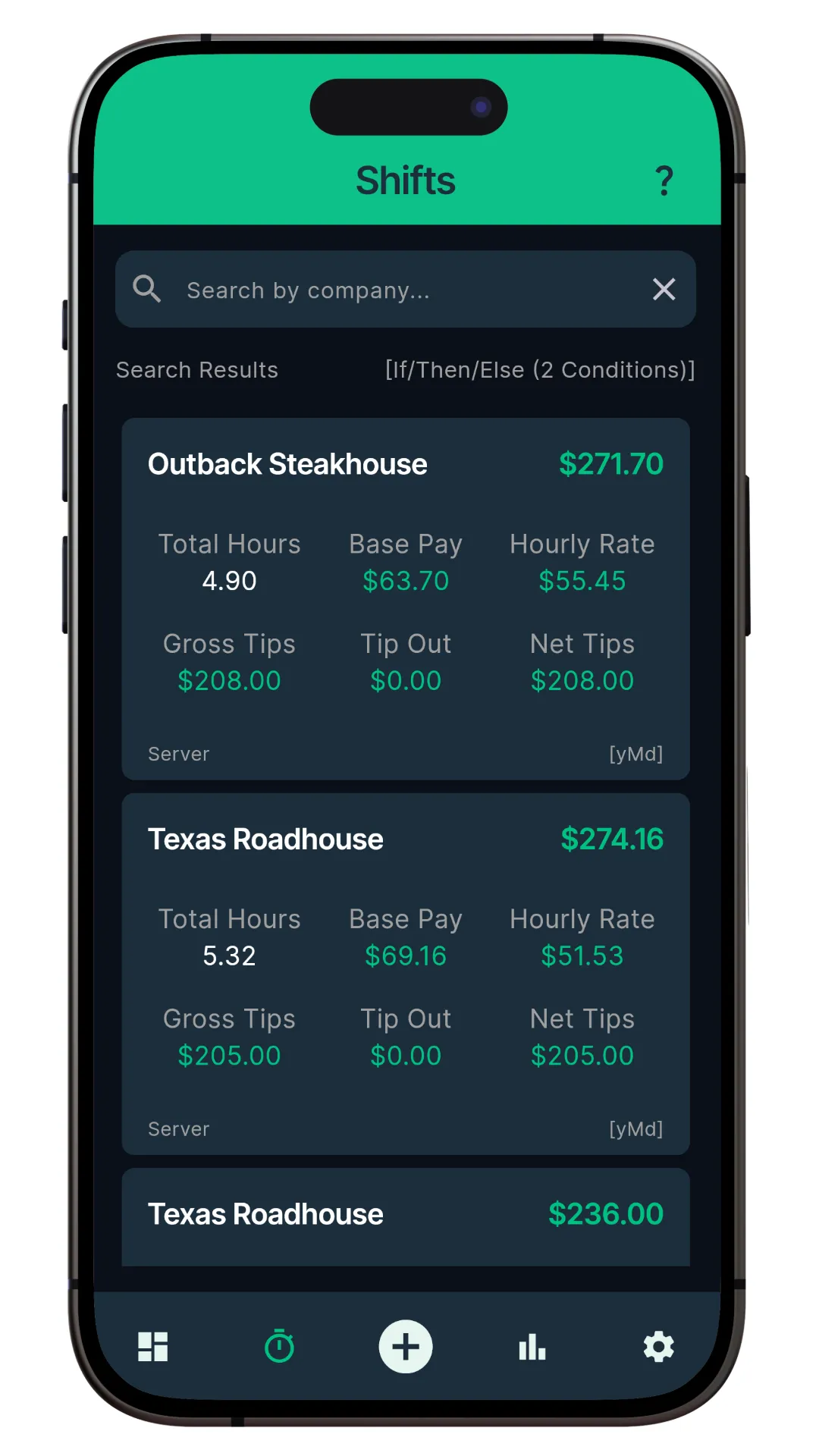 Incomie App shift tracking screen with recent shifts and logged hours